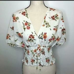 Floral cottagecore blouse white orange green Renaissance fall peasant lace up